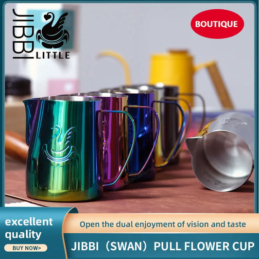 JIBBI Milk Steaming Frothing Pitcher Stainless Steel Non-Stick Milk Jug Pull Flower Cup Perfect for Coffee Cappuccino Latte Art