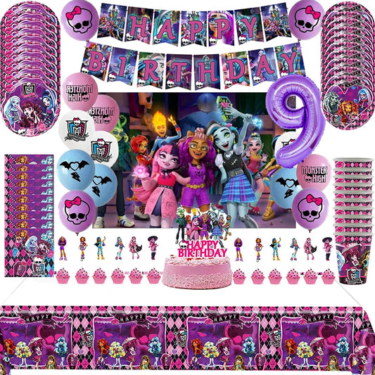 Monster High Birthday Party Decoration Balloon Banner Cake Topper Monster High Tableware Party Supplies Baby Shower