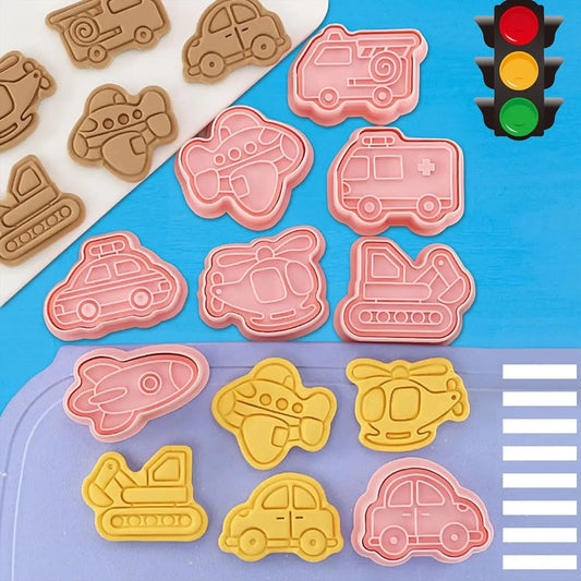 Cortadores de galletas con estampador de émbolo, vehículo de transporte, cortador de relieve para fondant, galleta, pastelería, queso, hornear, 8 piezas