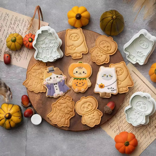 Cortador de galletas para fiesta de Halloween, 3 piezas, esqueleto de plástico 3D, sello en relieve, molde para galletas, Fondant, decoración de pasteles de dibujos animados