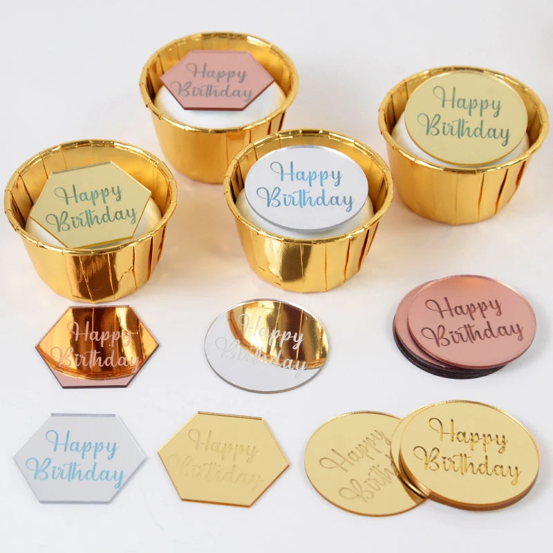 10pcs Happy Birthday Cake Toppers Gold Gold Acrylic Round Cupcake Toppers For Kids Birthday Baby Shower Party Cake Decor Tools