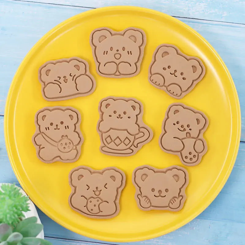 Molde de galletas con forma de oso de dibujos animados, molde de presión de mano 3D, postre, Fondant, herramientas de decoración para hornear pasteles, 8 piezas por juego