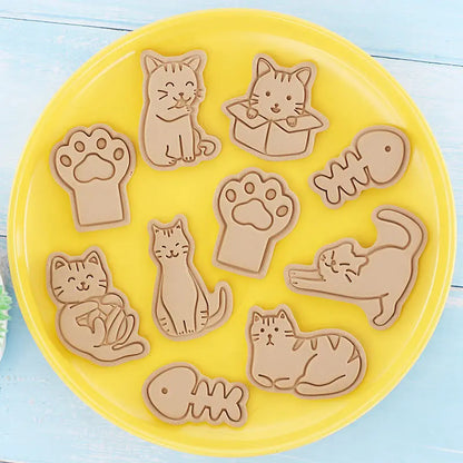 Juego de moldes para galletas de gato de dibujos animados, garra de gato, forma de hueso de pescado, sello de galletas, Fondant, herramientas de decoración de pasteles, presión de mano 3D, plástico, 8 piezas