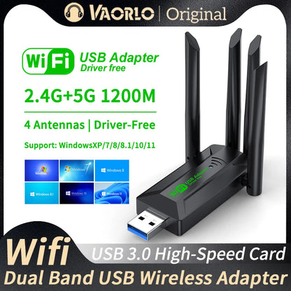 Adaptador USB WiFi de 1200Mbps, banda Dual, 2,4G + 5Ghz, Dongle Wi-Fi, 4 antenas, 802.11AC, USB 3,0, receptor de tarjeta inalámbrica de alta velocidad para PC/ordenador portátil