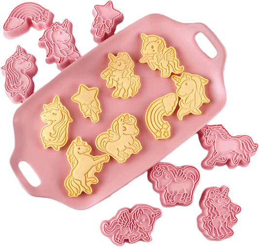 Cortador de galletas de plástico 3D, 8 piezas, sello de masa de unicornio, de dibujos animados Pressable molde de galletas, utensilios para hornear de pastelería de cocina