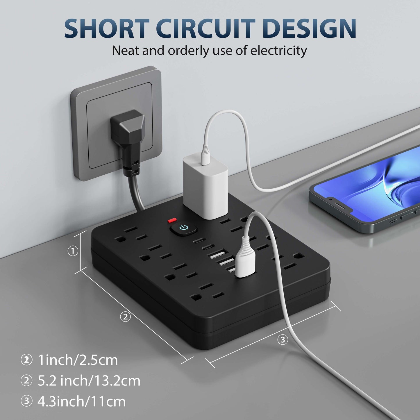 1 regleta de enchufes multifuncional con interruptor y protección contra sobretensiones. Equipada con 8 tomas de corriente, 4 USB y 2 tipo C. Toma de corriente 14 en 1 para oficina, hogar y viajes. En blanco y negro.