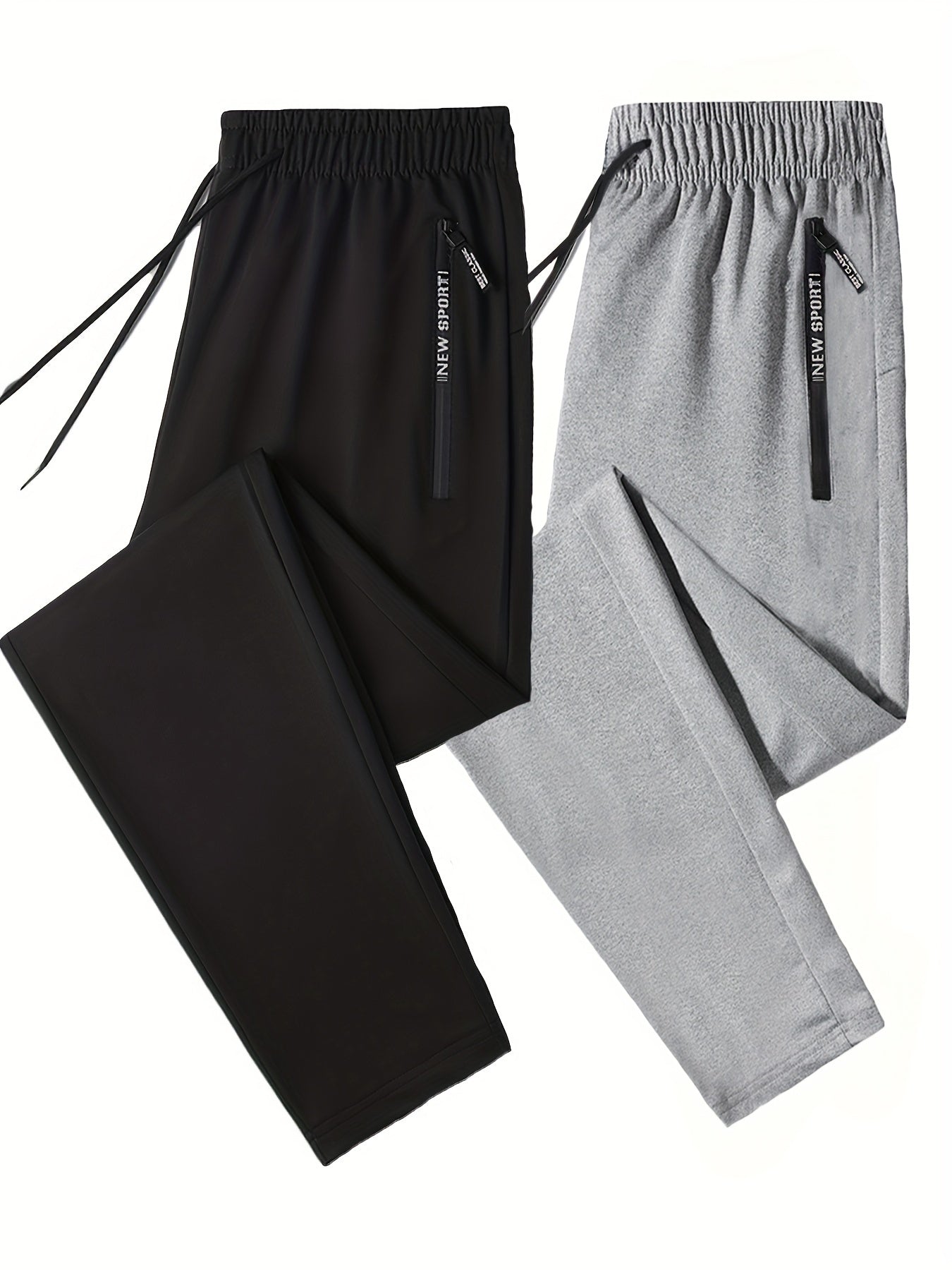 Conjunto de 2 pantalones deportivos lisos con puños y corte regular para hombre, bolsillos con cremallera y cordón con estampado de letras, pantalones deportivos para todas las estaciones, ropa deportiva y de gimnasio.