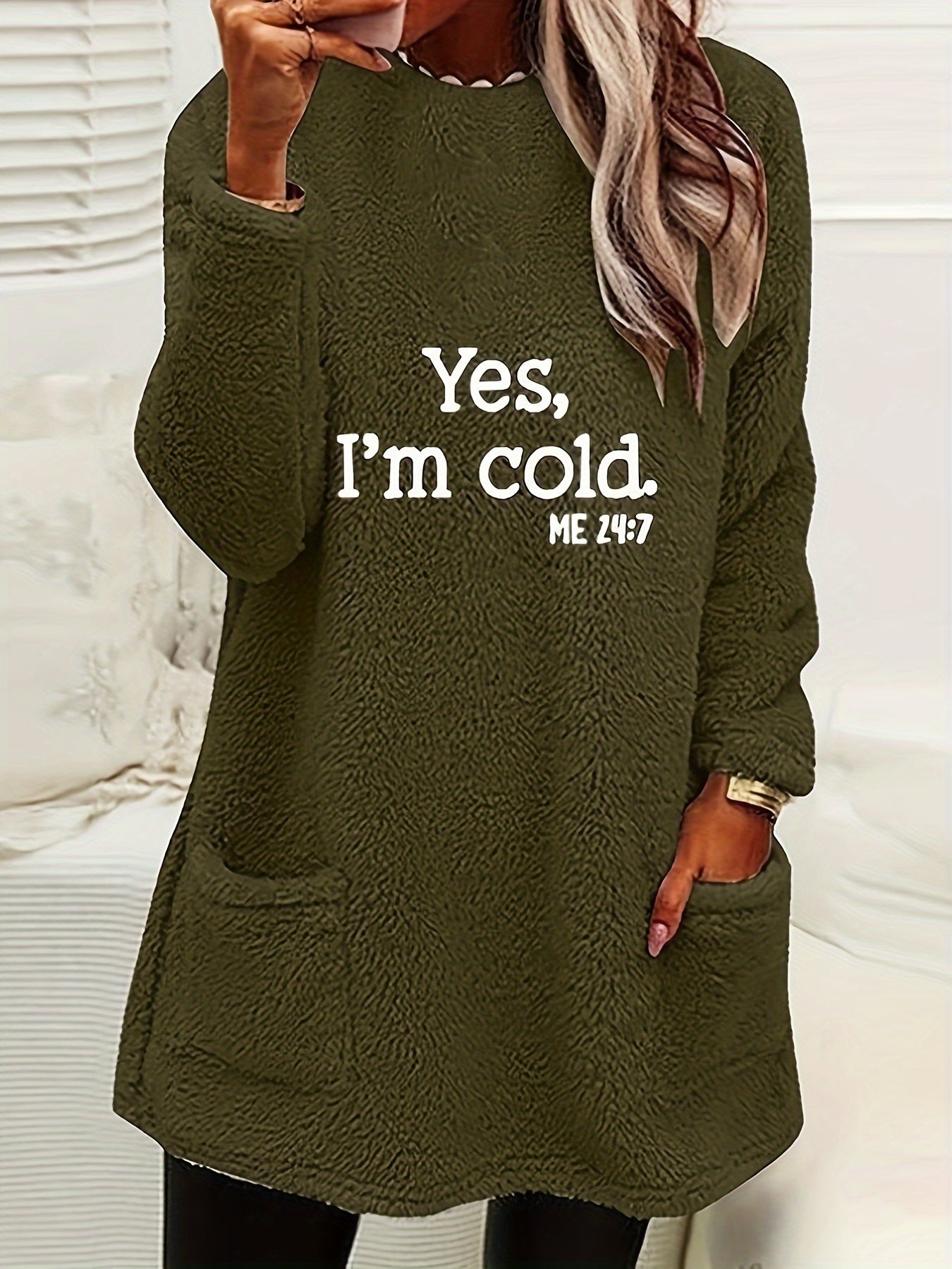 Yes I'm Cold Sudadera de forro polar con estampado, sudadera informal de manga larga con cuello redondo y bolsillos para otoño e invierno, ropa de mujer