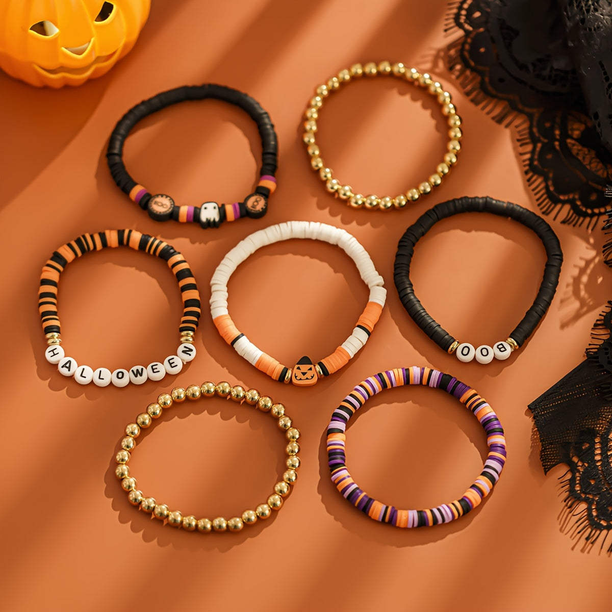 Nuevo ambiente transfronterizo de 7 piezas, conjunto de Halloween, pulsera con cuentas de arcilla polimérica con cabeza Retro picante y fresca de calabaza