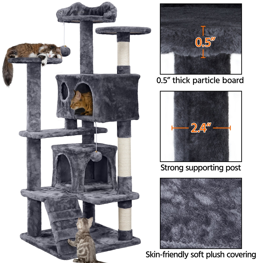 Costoffs Árbol para gatos de 54 pulgadas, torre para gatos con 2 condominios, 2 bolas colgantes y 3 postes rascadores, casa grande para gatos y gatitos