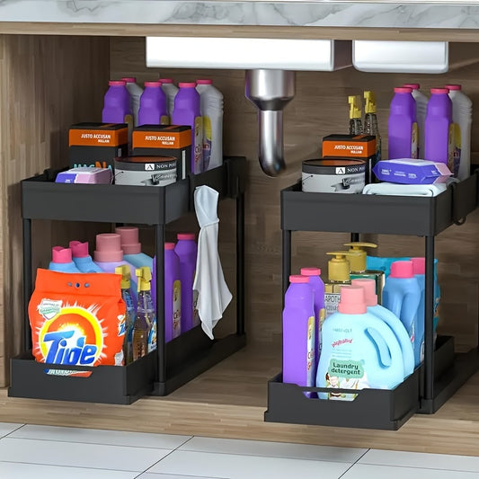 1 organizador debajo del fregadero, organizador de cesta de gabinete deslizante de 2 niveles, organizador tipo cajón de gran capacidad con ganchos para taza, para gabinete de cocina y baño, accesorios de cocina.