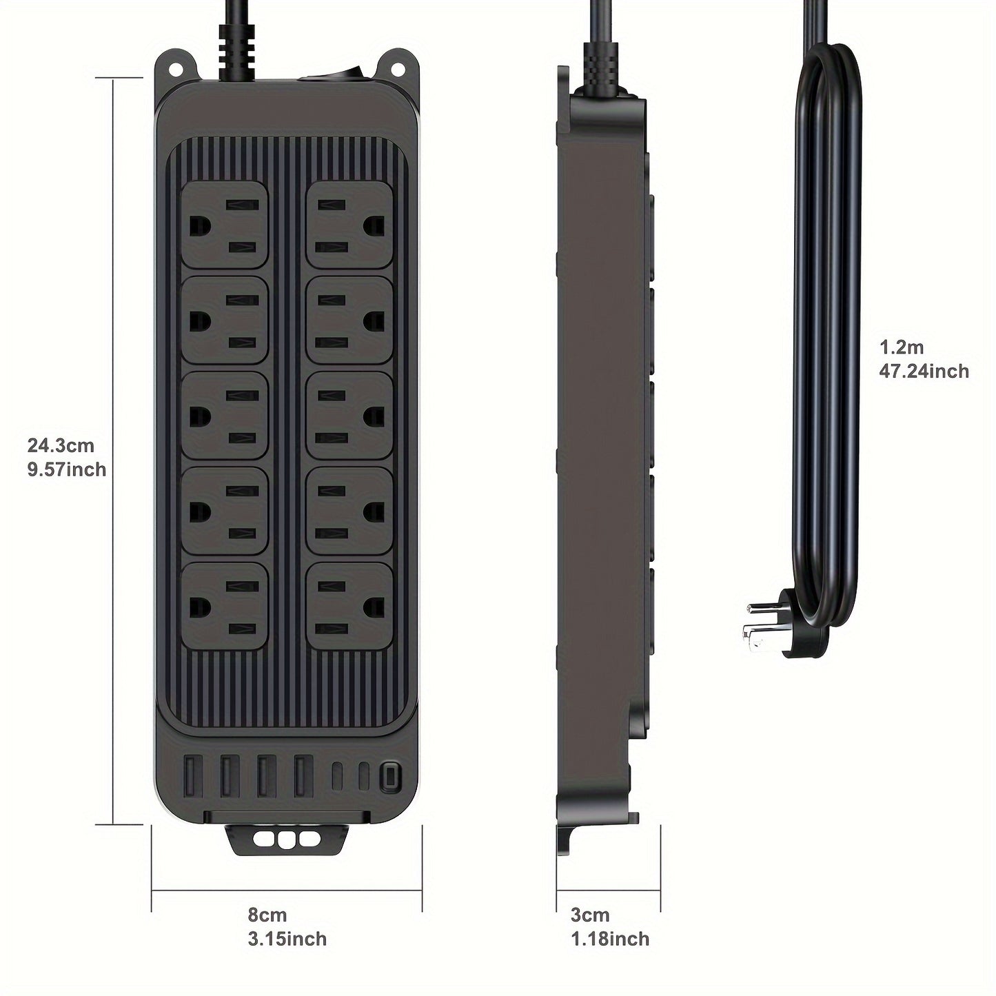 Regleta de enchufe plano, cable de extensión plano delgado de 4 pies, 10 tomas de corriente amplias, 6 puertos USB (2 USB C) estación de carga de escritorio, regleta de alimentación compacta con protector contra sobretensiones para viajes, hogar, ofi