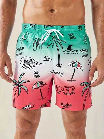 Sketch Pantalones cortos hawaianos de secado rápido para hombre con bolsillos, bañador informal con cordón gráfico para vacaciones de verano, playa, piscina al aire libre