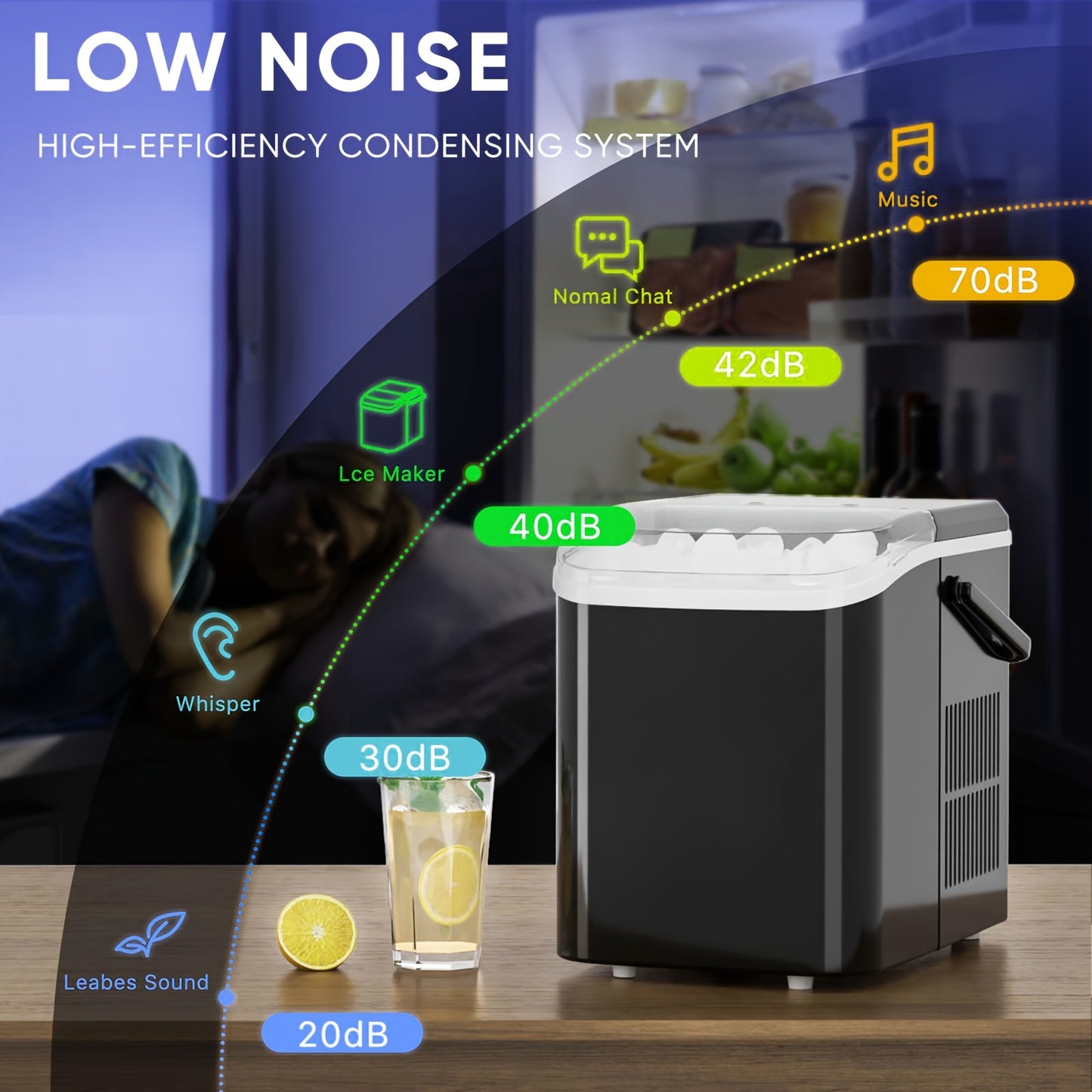 Máquina para hacer hielo en encimera, máquina de hielo portátil autolimpiante, 9 cubos en 6 minutos, 26,5 libras/24 horas, 2 tamaños de hielo tipo bala, con cuchara para hielo, cesta y asa, máquina para hacer cubitos de hielo para fiestas en la cocin