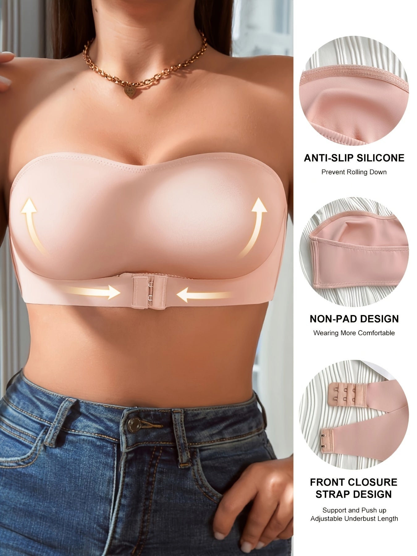 Sujetador sin tirantes con hebilla delantera, sujetador bandeau inalámbrico sin relleno, lencería y ropa interior para mujer