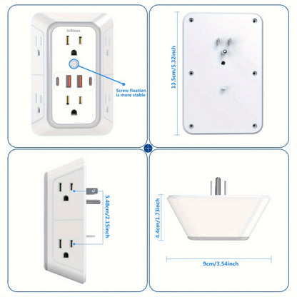 JcBlaon Protector contra sobretensiones de 6 tomacorrientes con 4 puertos USB - Cargador de pared para el hogar, la oficina, viajes | Diseño de enchufe múltiple