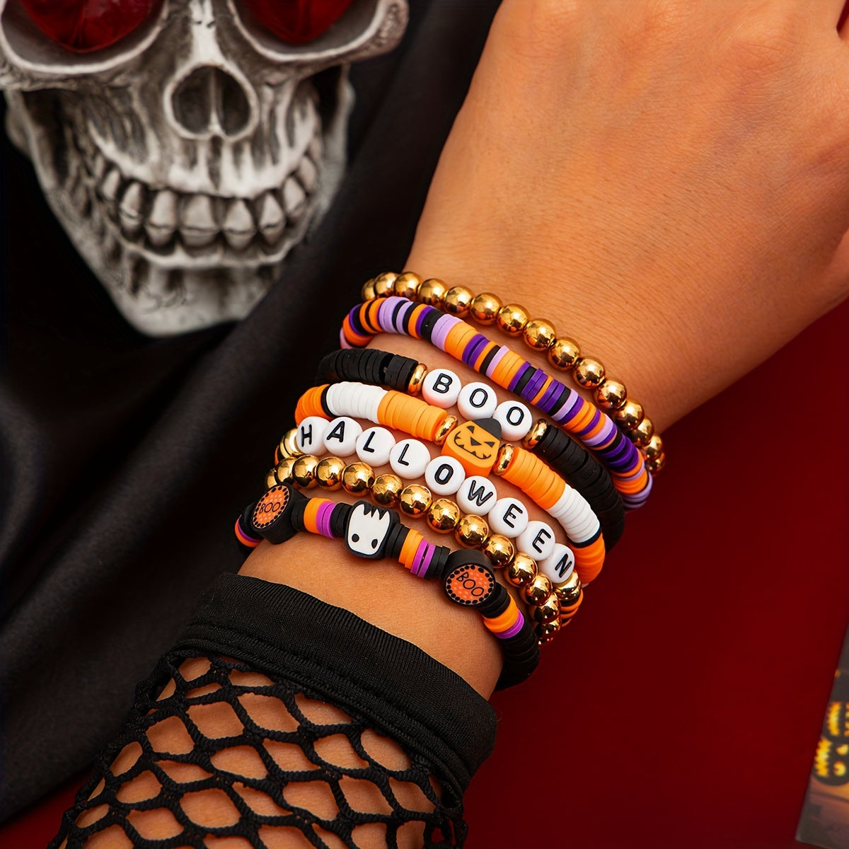 Nuevo ambiente transfronterizo de 7 piezas, conjunto de Halloween, pulsera con cuentas de arcilla polimérica con cabeza Retro picante y fresca de calabaza