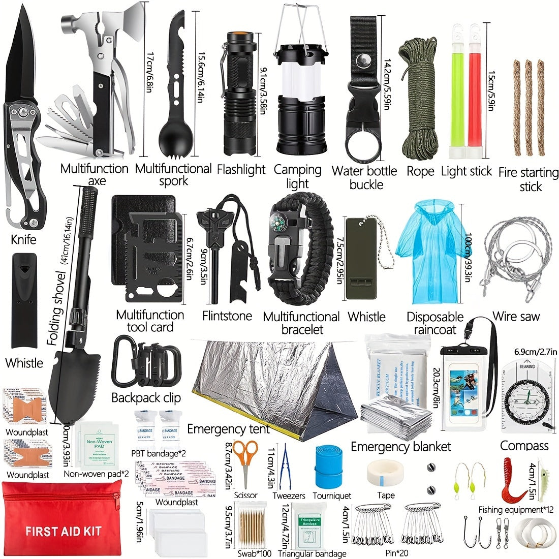 Kit de supervivencia de 250 piezas, kit de primeros auxilios con bolsa compatible con sistema Molle y tienda de campaña de emergencia, kit de emergencia para terremotos, aventuras al aire libre, senderismo, caza, regalos para hombres y mujeres