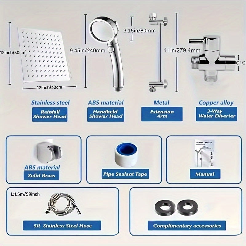 Cabezal de ducha, cabezal de ducha de lluvia de alta presión de 12 pulgadas/ducha de mano combinada con brazo de extensión de 11 pulgadas, cabezal de ducha antifugas ajustable de 9 configuraciones con soporte/manguera, altura/ángulo ajustables