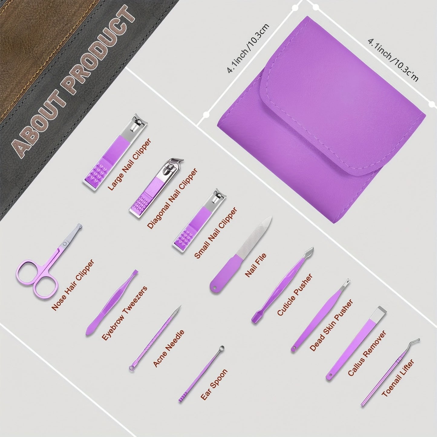 Juego de manicura y pedicura, cortaúñas profesional, kit de manicura para mujeres y hombres, morado