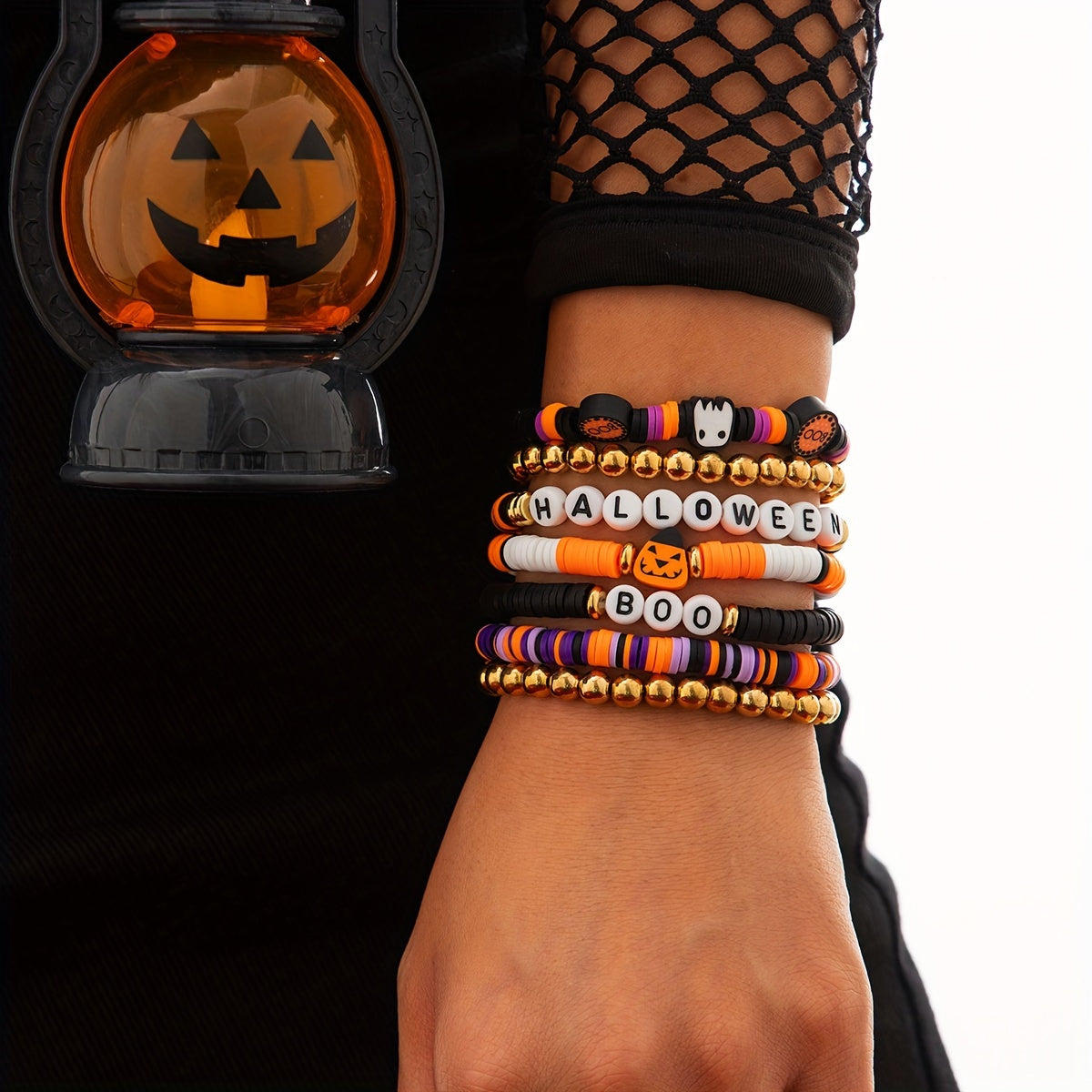 Nuevo ambiente transfronterizo de 7 piezas, conjunto de Halloween, pulsera con cuentas de arcilla polimérica con cabeza Retro picante y fresca de calabaza