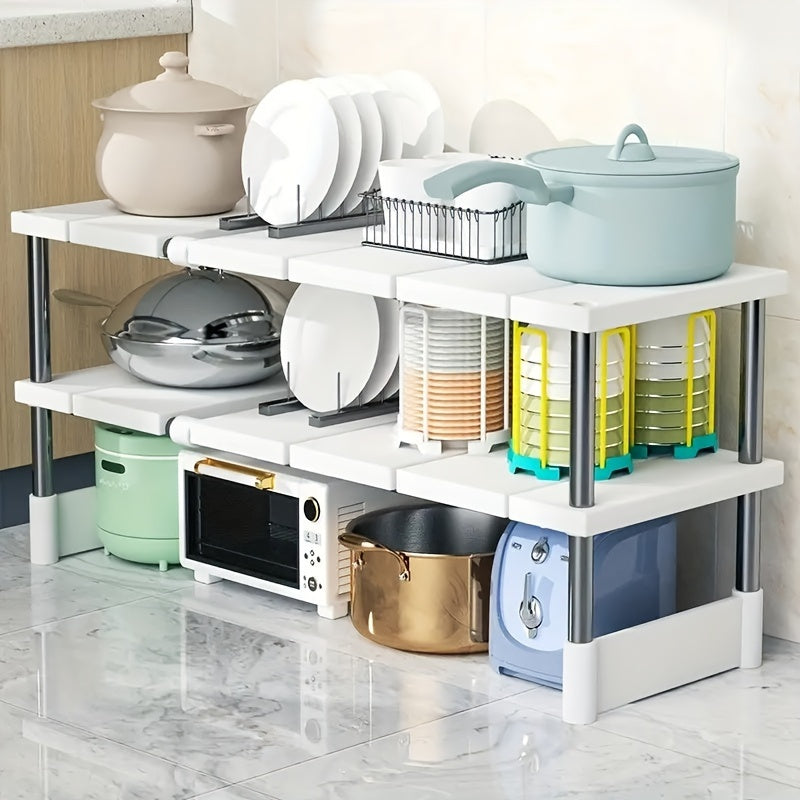 Organizador ajustable debajo del fregadero: acero inoxidable y plástico, estante de almacenamiento multicapa para gabinetes de cocina y baño, diseño que ahorra espacio.