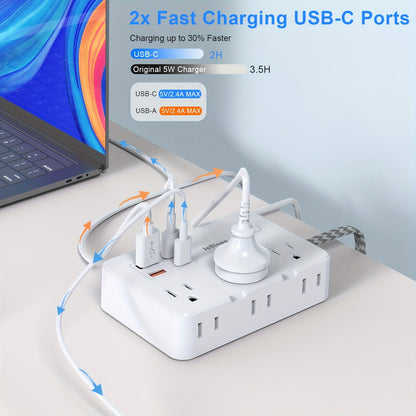 Protector de sobretensiones con regleta de 8 tomas, con cable de extensión trenzado de 152,4 cm, enchufe plano, estación de carga USB.