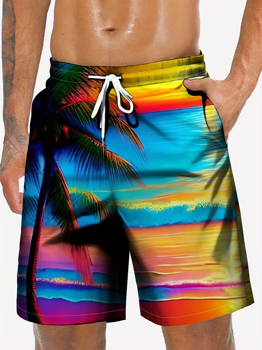 Pantalones cortos con cordón y estampado digital de cocoteros y mar para hombre, elegantes, para fiesta en la playa de verano, pantalones cortos de una sola capa sin forro de malla