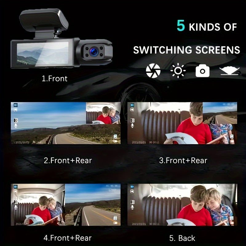 Cámara dual 1080P, cámara de tablero para automóviles, frontal e interior, cámara de automóvil con visión nocturna por infrarrojos, grabación en bucle, cámara DVR de gran angular para automóvil con pantalla IPS de 3,16 pulgadas, cámara de video para