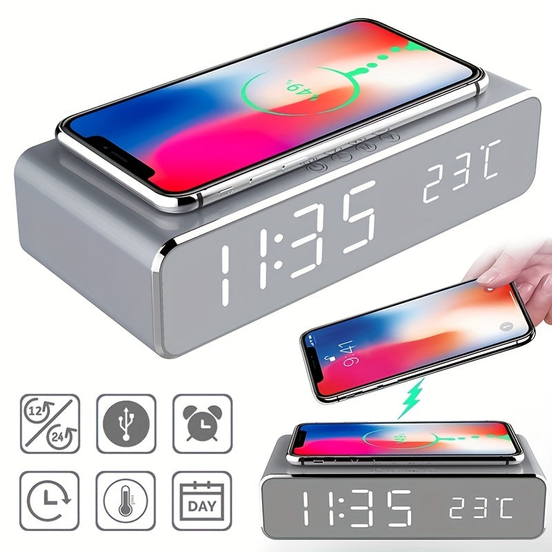 Cargador inalámbrico con reloj despertador LED, termómetro digital, auriculares, cargadores de teléfono, estación de carga rápida para iPhone y Samsung.