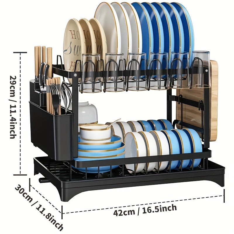 Escurridor de platos, soporte para utensilios de 2 niveles, escurridor de platos de cocina a prueba de óxido con escurridor y soporte para utensilios para encimera de cocina, accesorios de cocina