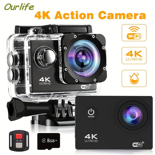 Cámara de acción 4K Ultra HD - Resistente al agua, WiFi, control remoto, tarjeta de 8 GB, lente gran angular de 170° - Captura tus aventuras como nunca antes