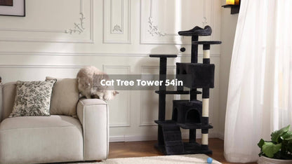 Sweetcrispy Árbol para gatos, Torre para gatos de interior, Torre para árbol para gatos de 54 pulgadas, Muebles para mascotas de varios niveles con poste rascador de sisal, Tela de felpa, Cama grande para condominio, Escalera para escalar, Juguete Ji