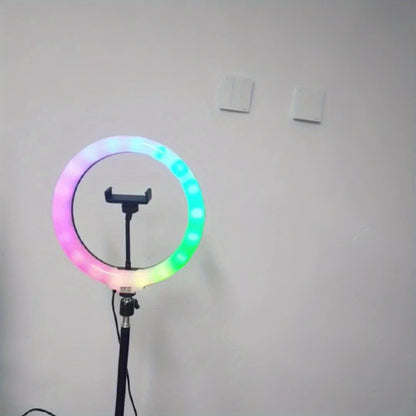 Anillo de luz para selfies de 25,4 cm con soporte, 109,22 cm de alto y soporte para teléfono, 38 modos de color, anillo de luz LED de velocidad/regulación continua para Android, maquillaje