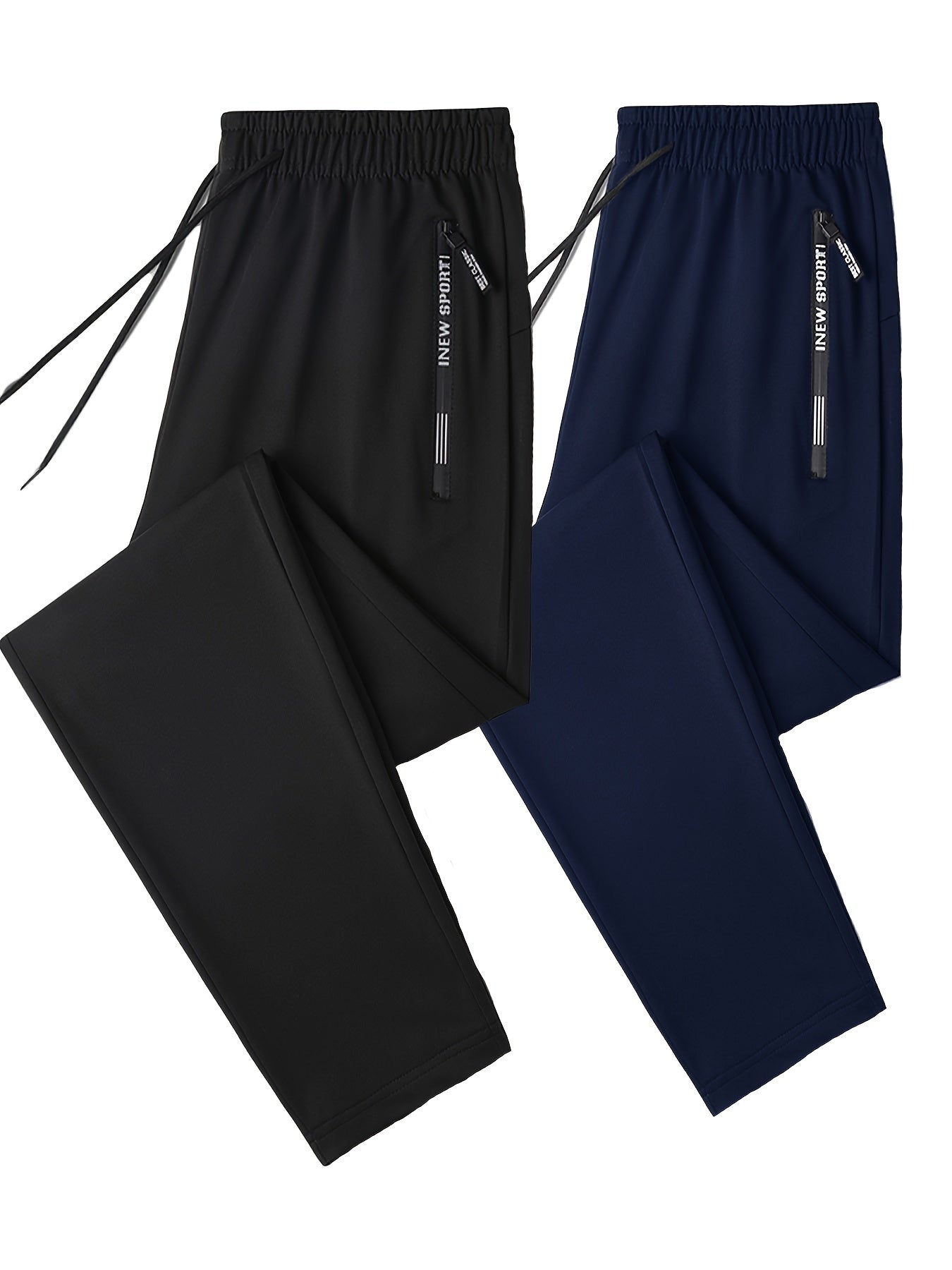 Conjunto de 2 pantalones deportivos lisos con puños y corte regular para hombre, bolsillos con cremallera y cordón con estampado de letras, pantalones deportivos para todas las estaciones, ropa deportiva y de gimnasio.