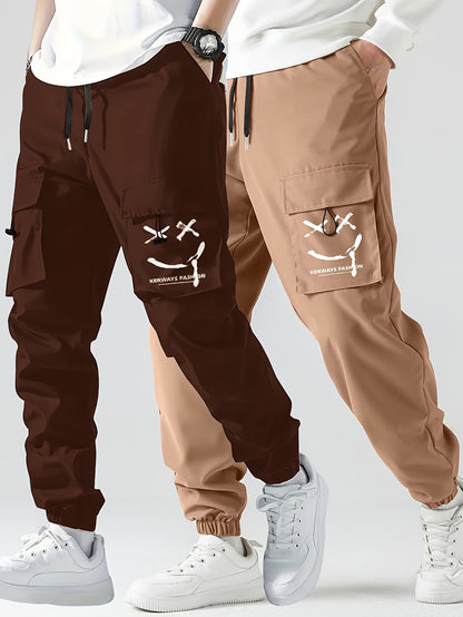 Pantalones cargo para hombre con estampado de cara sonriente, elegantes, de 2 piezas, con bolsillos, informales, transpirables, con cordón, para caminar por la ciudad, actividades al aire libre