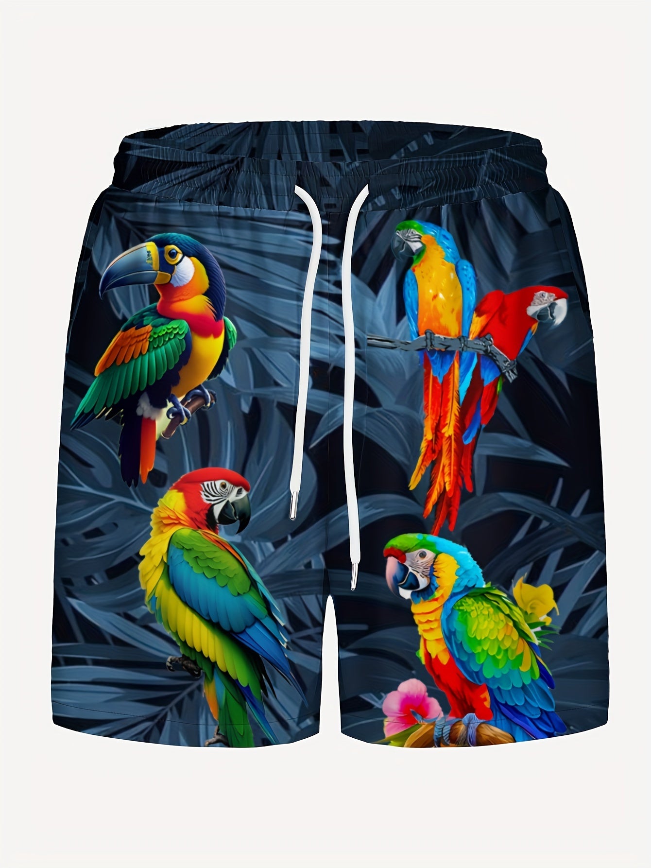 Pantalones cortos activos informales con estampado de loros para hombre, pantalones cortos de playa con cordón para resort de playa de verano, pantalones cortos de una sola capa sin forro de malla