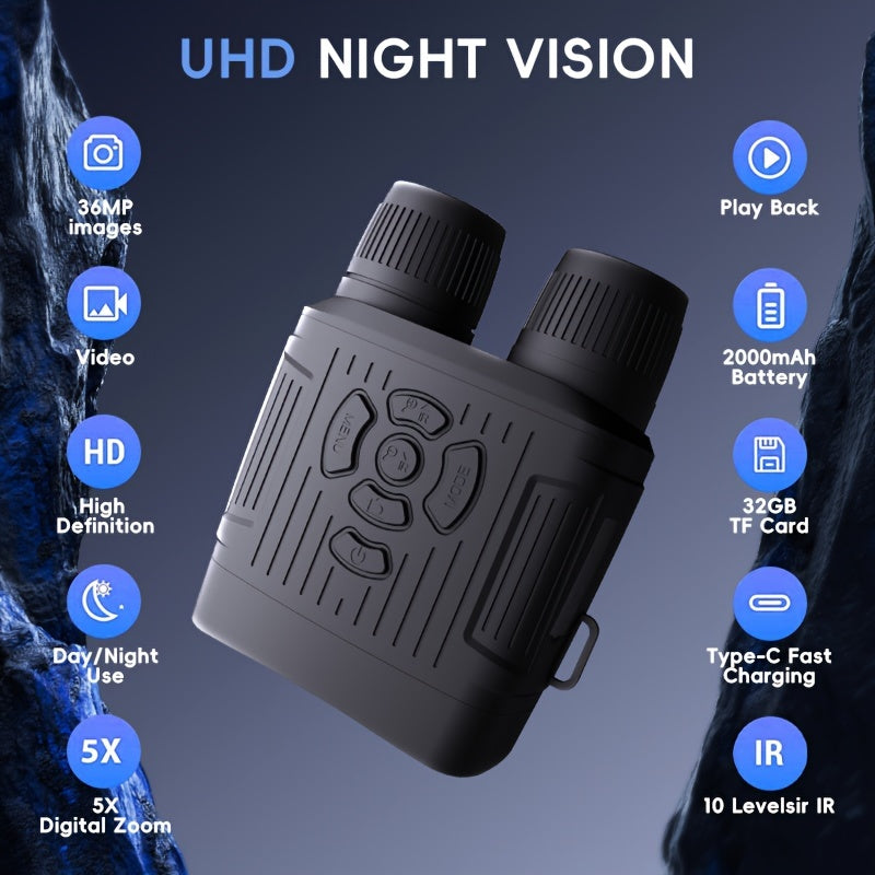 Binoculares de visión nocturna para exteriores, gafas de visión nocturna por infrarrojos para adultos, tarjeta de 32 GB para guardar fotos y vídeos para acampar, cazar y seguridad