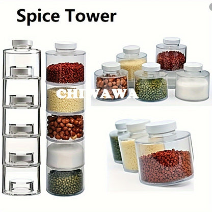 6 unids/set, contenedores apilables de almacenamiento de especias en forma de torre, tarros de especias recargables, tarros de especias en forma de torre para acampar, RV, cocina al aire libre, cocina, viajes, barbacoa, accesorios de cocina