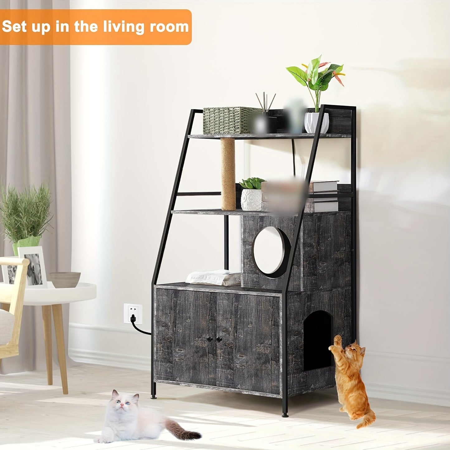 1 caja de arena para gatos con 2 estantes de almacenamiento, caja de arena oculta, mueble con estación de carga, baño para gatos con torre para gatos, mesa auxiliar para sala de estar de roble, gris oscuro