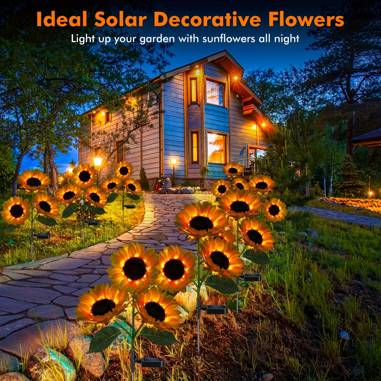 2 paquetes de luces solares de girasol para decoración al aire libre, con 3 luces LED de flores amarillas de girasol, decorativas para patio, césped, jardín, decoración de caminos