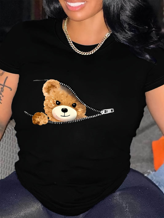 Camiseta con estampado gráfico de oso, top informal de manga corta con cuello redondo para verano y primavera, ropa de mujer
