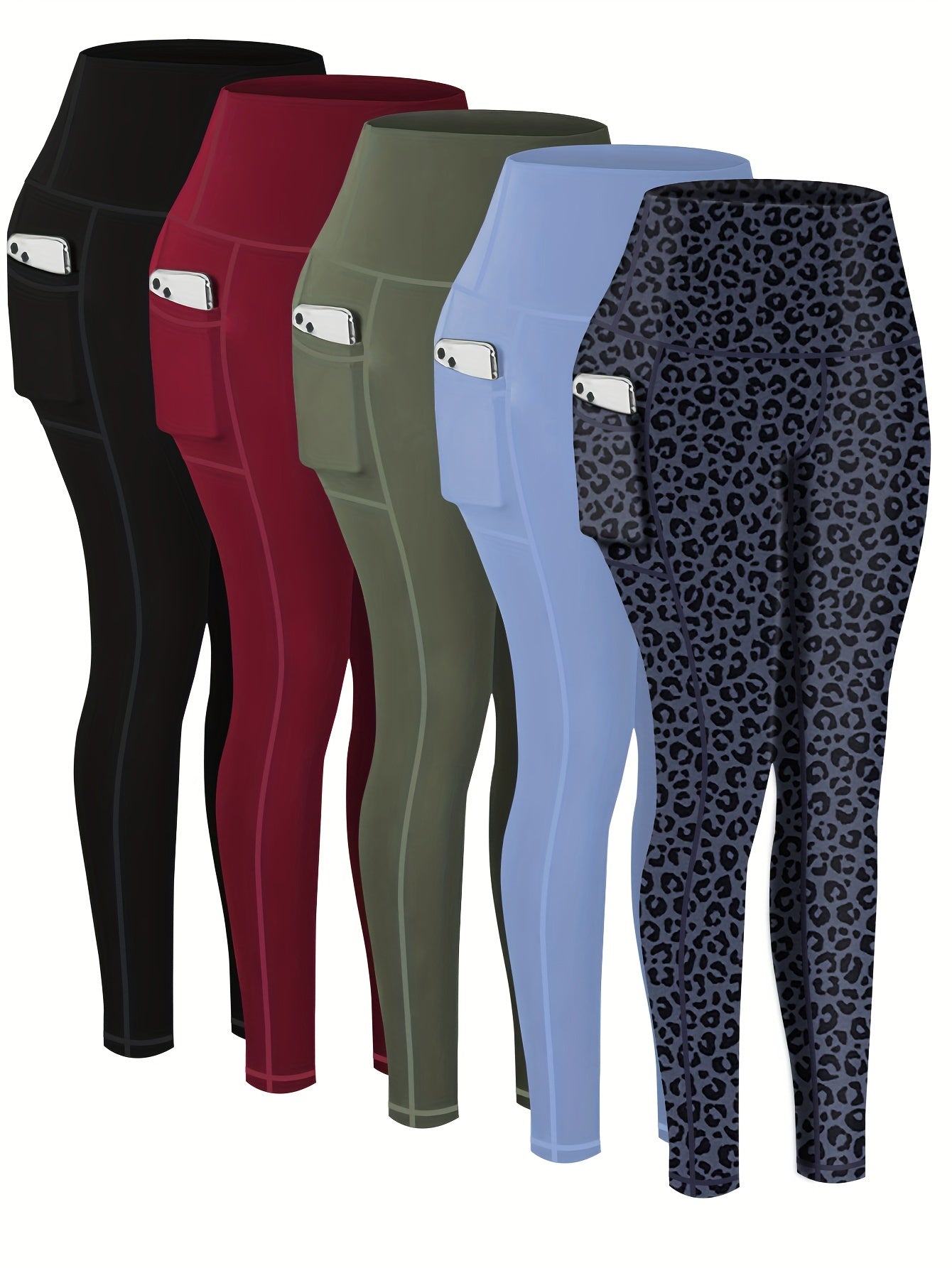 Paquete de 5 leggings deportivos de talla grande para mujer, pantalones de yoga cortos de cintura alta con bolsillos, medias de compresión para correr para primavera y otoño