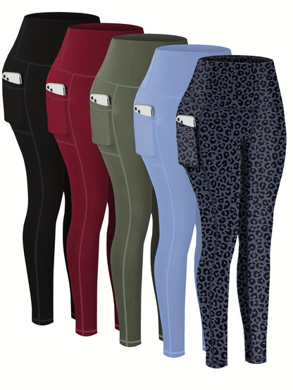 Leggings deportivos de talla grande para mujer, paquete de 5, pantalones de yoga recortados de cintura alta con bolsillos, mallas de compresión para correr y fitness para primavera y otoño