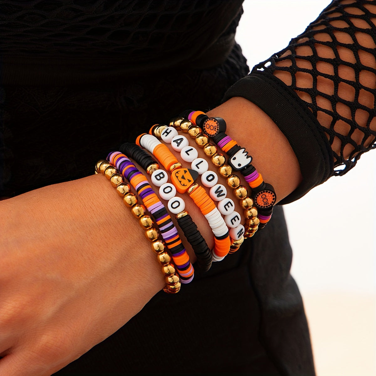 Nuevo ambiente transfronterizo de 7 piezas, conjunto de Halloween, pulsera con cuentas de arcilla polimérica con cabeza Retro picante y fresca de calabaza