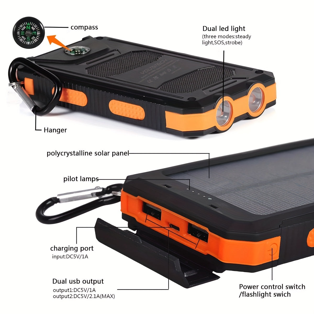 Cargador solar portátil de 10 000 mAh, cargador portátil para todos los dispositivos, de larga duración, para viajes y acampadas, linterna LED, mosquetón