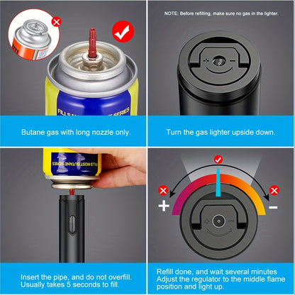 Encendedor, encendedor de butano de 6 pulgadas, con ventana de nivel de combustible, encendedor a prueba de viento que puede ajustar la llama del chorro, utilizado para velas, chimeneas, barbacoas, barbacoas de cocina, regalos para mamá y papá