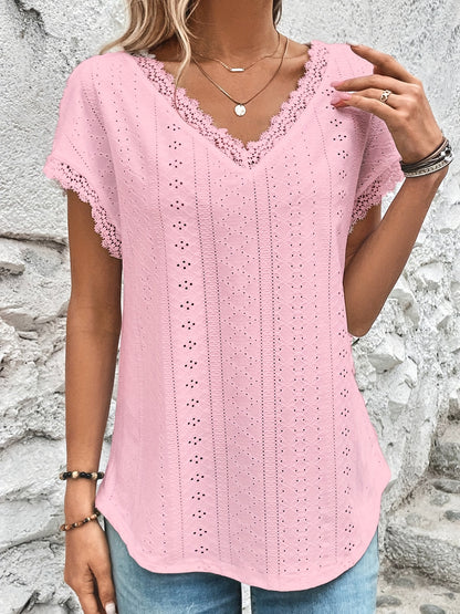 Blusa con ojales y ribete de encaje, top informal holgado con cuello en V para primavera y verano, ropa de mujer