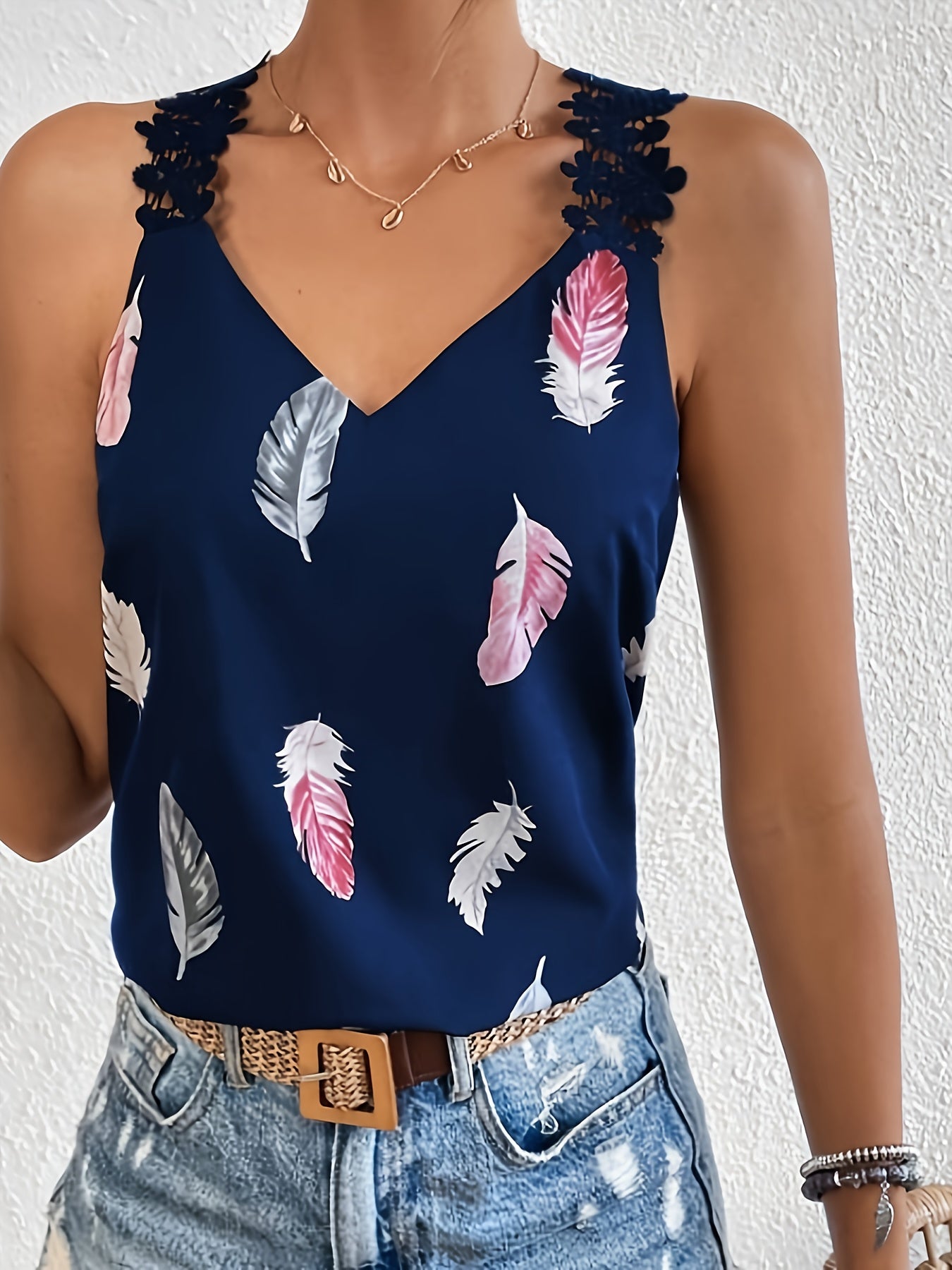 Camiseta sin mangas de encaje con estampado de plumas, camiseta sin mangas informal con cuello en V para verano, ropa de mujer