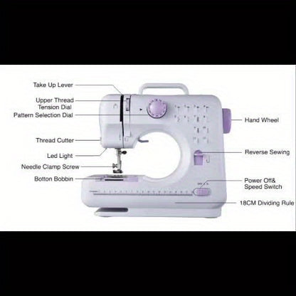 Máquina de coser eléctrica Máquina de coser eléctrica portátil Máquina de coser doméstica multifuncional Máquina de reparación Overlock de velocidad ajustable Patrones de 12 puntadas para niños Padres Principiantes Aficionados Ligh